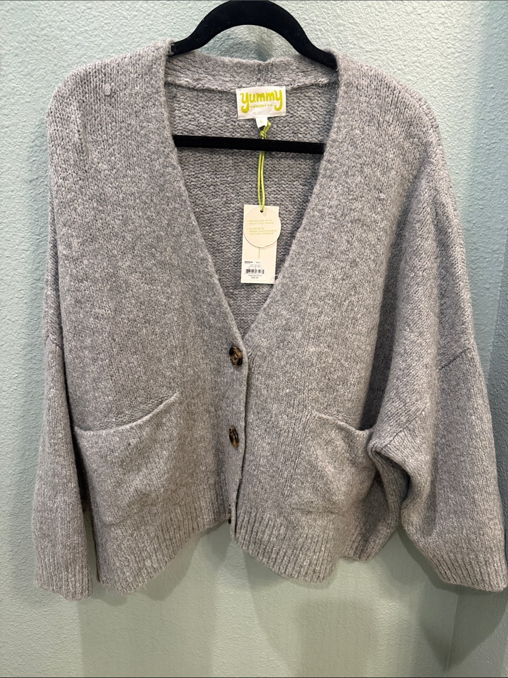 Yummy Sweater Co Gray V-Neck Button Cardigan Sweater Large NWT
